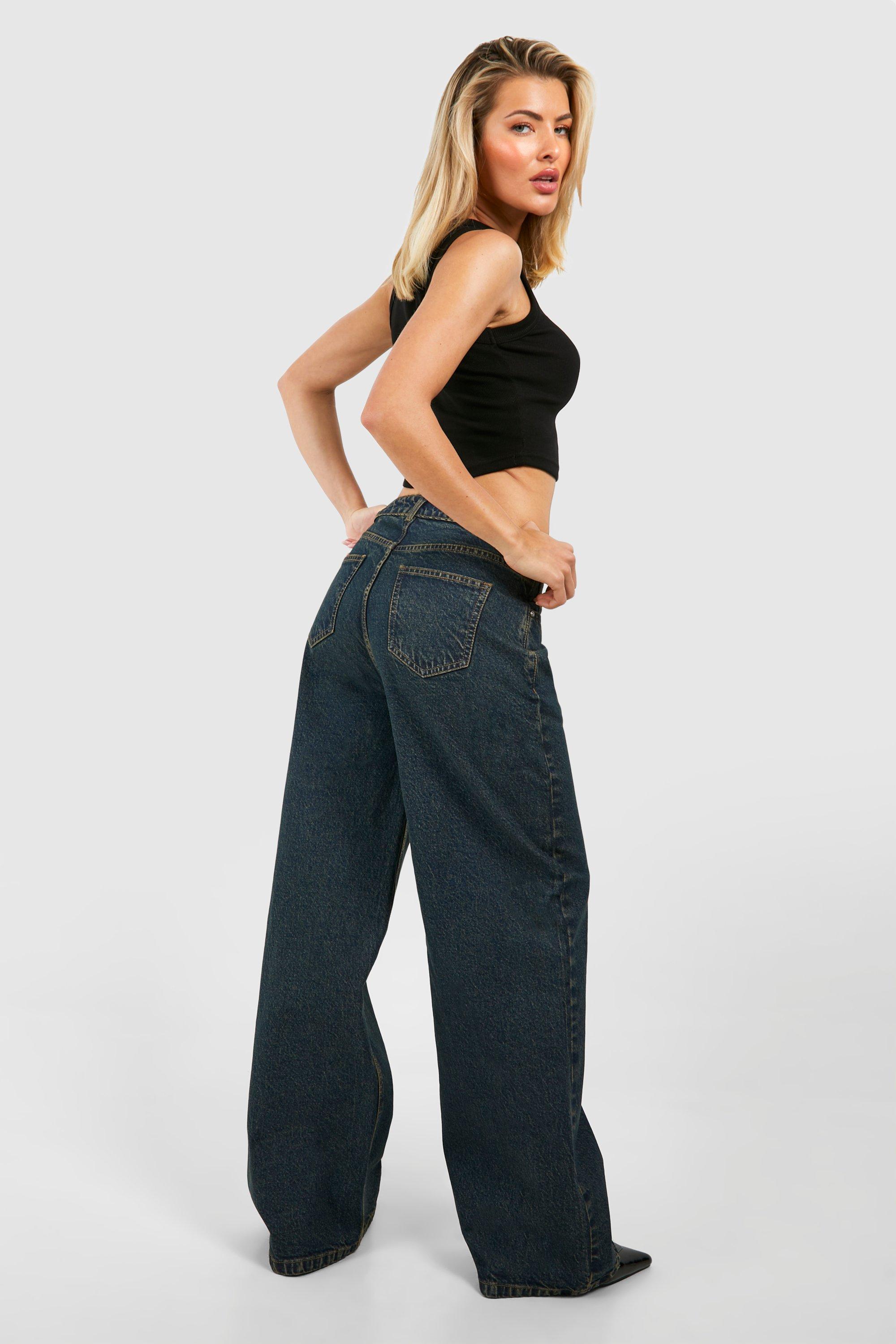 Jeans dritti a vita alta in tinta vintage in tinta indaco